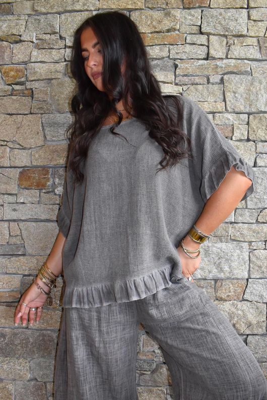 Frame Hopsack Frill Box Top Washed Chocolate